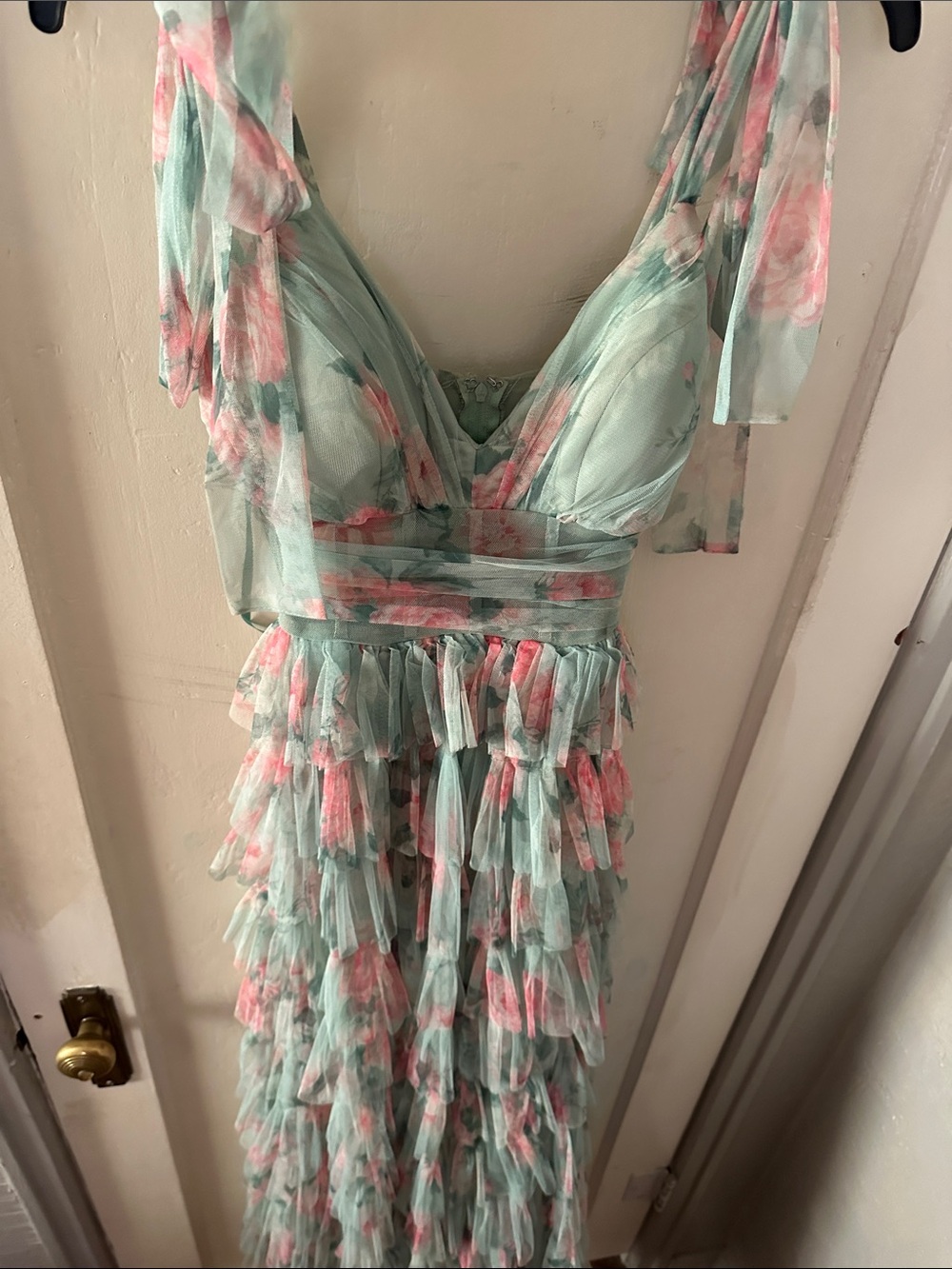 B Darlin Mint Maxi Dress with Pink Floral Ruffles